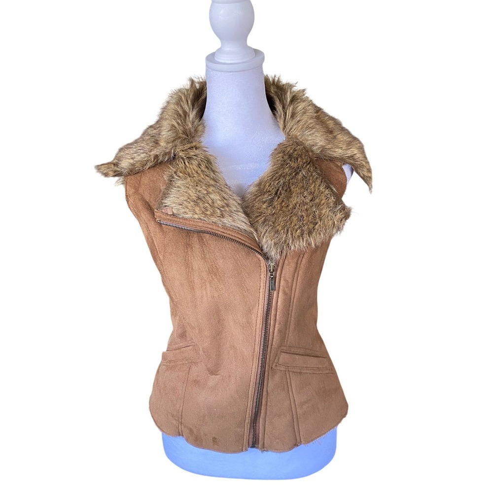 Vintage Y2K Suede Fur Lined Shearling Brown Vest Small Boho 70s Glam Scandigirl